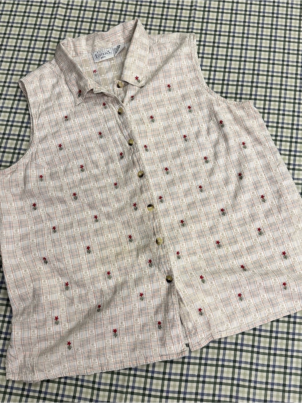 Y2K Basic Editions Plus Plaid Embroidered Sleeveless Button-Up Blouse Size 26W